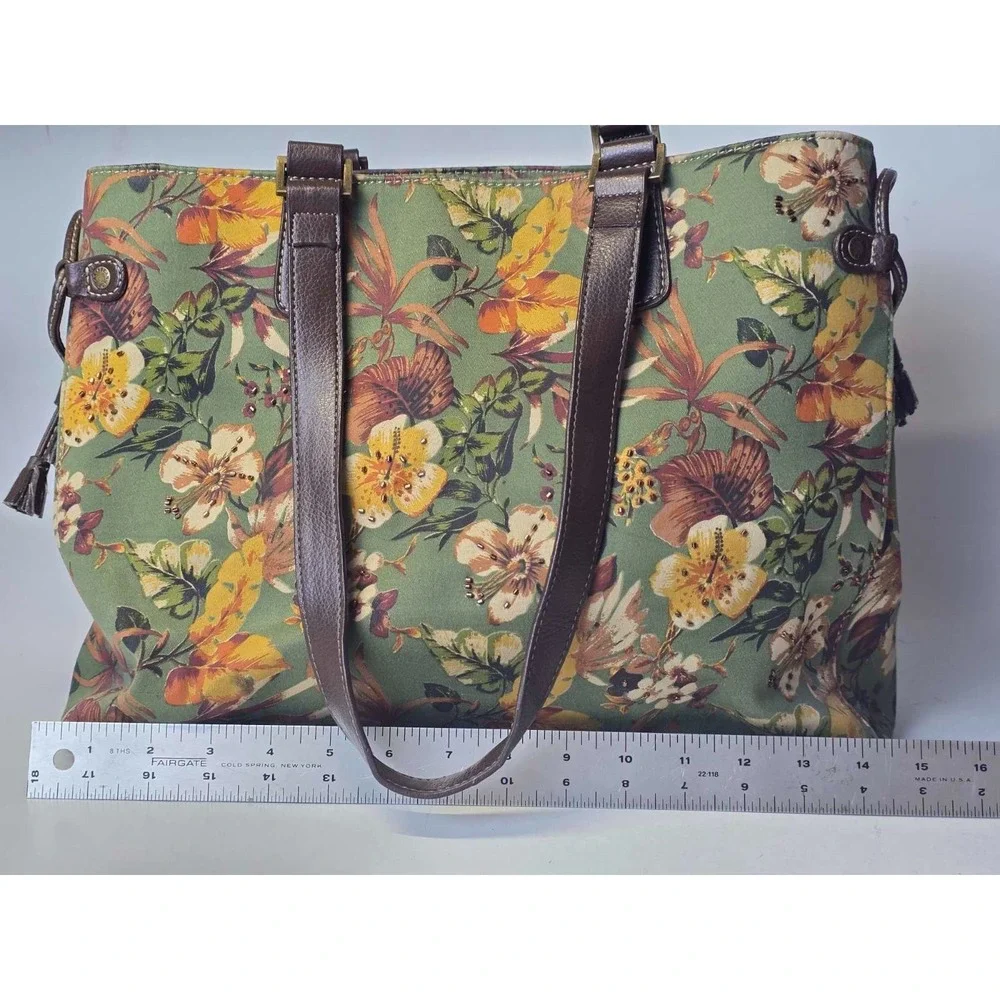 Caribbean Joe ShoulderBag‎ Handbag Floral Print Green Brown Purse Pouch Bag